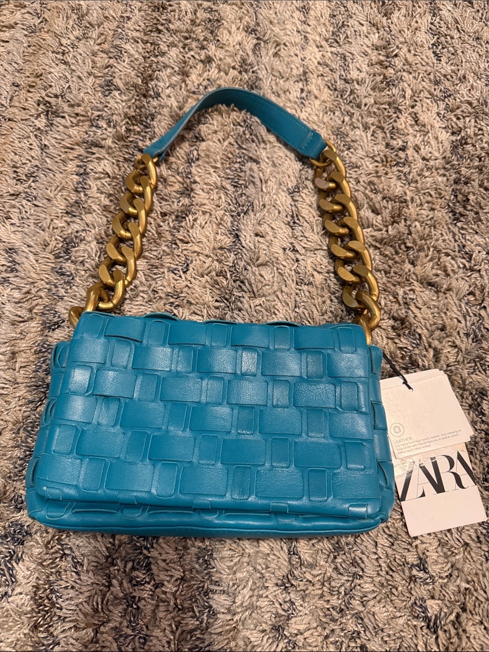 Zara Turquoise Woven Shoulder Bag with Chunky Gold Chain